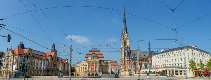 On September 6th 2021, a panorama view of Theater Square in Chemnitz where the Fine Arts museum, the Opera House and the St. Peter Church are located.