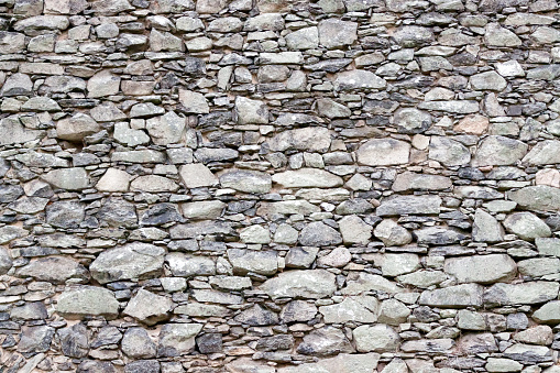 Closeup old stone wall, background with copy space, horizontal composition