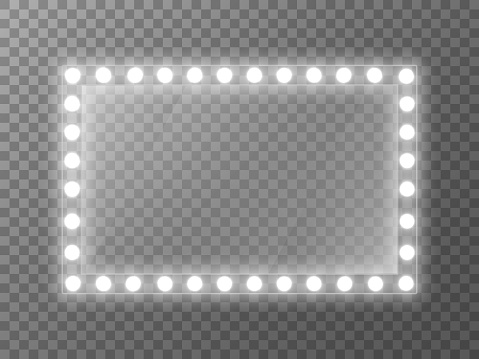 Mirror light. Makeup mirror with white bulbs. Rectangle glass for poster or advertisement. Silver glowing frame on transparent background. Vector illustration