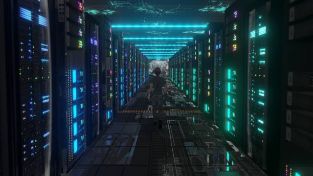 istock woman Moving Through Data Center with Server Racks LED Lights 1343933245