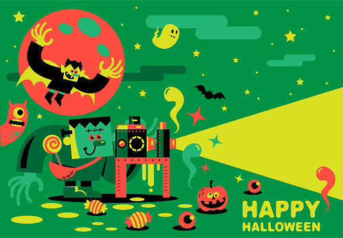 Happy Halloween Characters Vector Art Illustration.
Frankenstein is running a film screening, the vampire, ghost, and bat are flying in the dark sky.