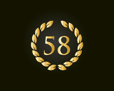 58th Years Anniversary Logo With Golden Ring Isolated On Black Background, For Birthday, Anniversary And Company Celebration
