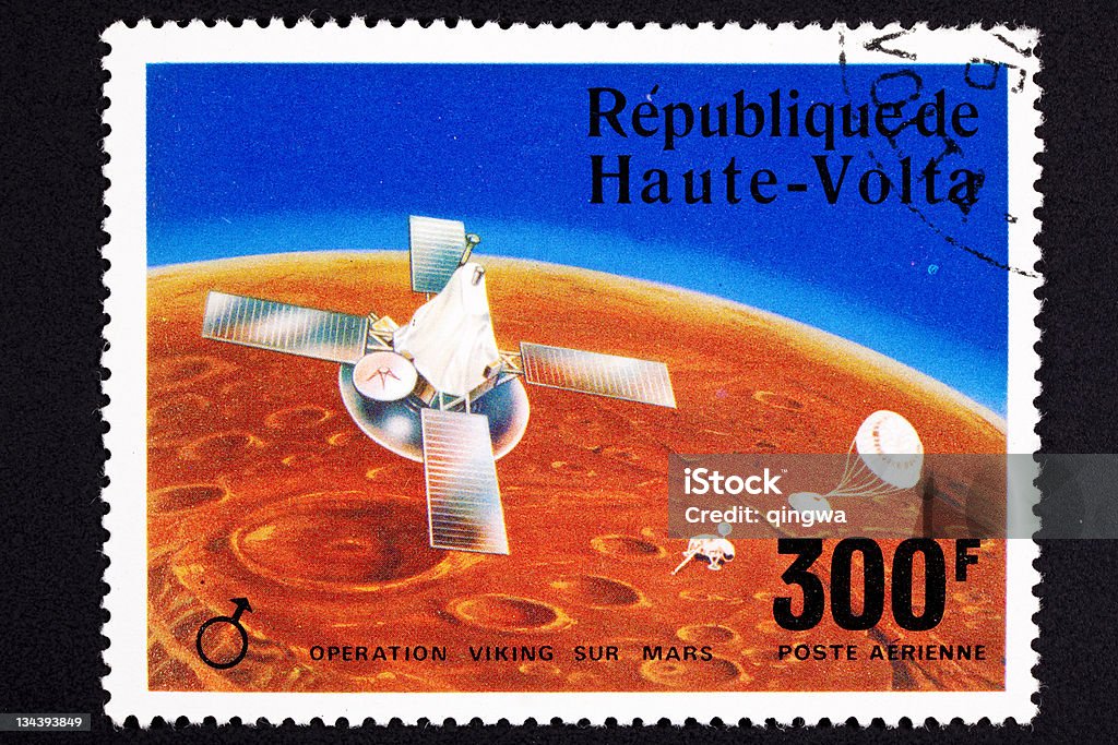 Upper Volta Postage Stamp Viking Space Explorer Ship Lander Mars Airmail stamp commemorating the Viking Mars program that sent two spaceships to Mars in 1975.  They each sent a lander to the Martian surface. Airmail stamp commemorating the Viking Mars program that sent two spaceships to Mars in 1975.  They each sent a lander to the Martian surface. - See lightbox for more Air Mail Stock Photo