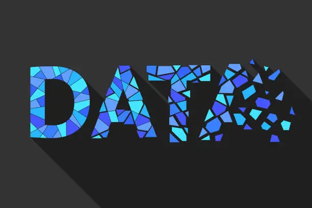 Vector illustration of The word DATA is broken into fragments, concept of digital data loss