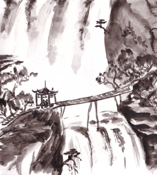 istock Waterfall and gazebo in the mountains monochrome chinese painting 1343958574