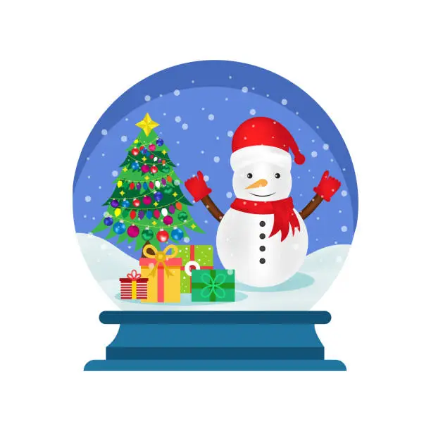 Vector illustration of Christmas ball with snow, snowman and a Christmas tree. Snow globe with gift boxes. Winter Christmas