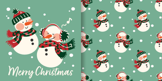 illustrations, cliparts, dessins animés et icônes de bannière de noël avec texte joyeux noël et motif sans couture de bonhomme de neige mignon dans des tenues d’hiver sur fond vert clair. - snowman pattern