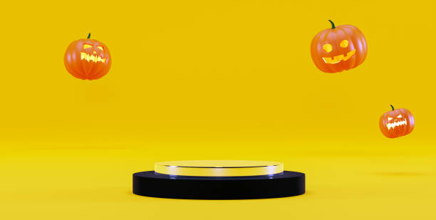 istock Halloween background with a podium for product presentation, 3d render. Pumpkins and a pedestal on a yellow background. 3d illustration 1343972621