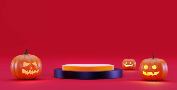 fondo de halloween con un podio para la presentación del producto, renderizado 3d. calabazas y un pedestal sobre fondo rojo. ilustración 3d - halloween pumpkin jack olantern industry fotografías e imágenes de stock