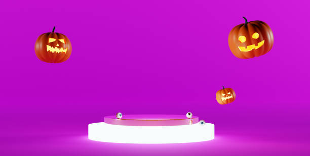 istock Halloween background with podium. Halloween Jack o Lantern display showcase, 3d render. Falling pumpkins, realistic eyeballs and a pedestal for product presentation. 1343972631