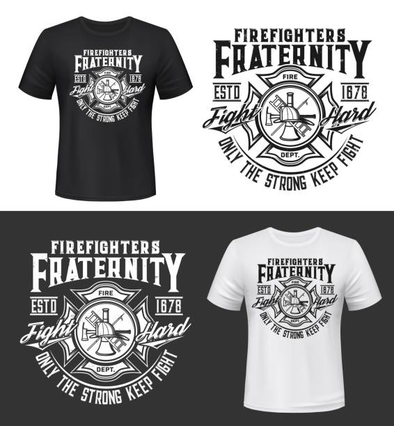 Fire department vintage emblem t-shirt print Fire department firefighter emblem t-shirt retro print template. Firefighting rescue service apparel vector print. Fireman dept maltese cross symbol with helmet and ladder, hook and vintage typography fire alphabet letter t stock illustrations