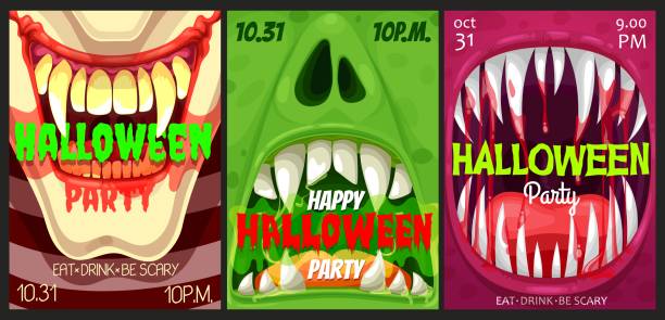 Halloween party vector flyers with monster mouths Halloween party vector flyers with monster mouths. Happy Halloween horror night event invitation posters with open toothy jaws with sharp teeth, dripping saliva, blood and tongues, cartoon cards set scary clown mouth stock illustrations