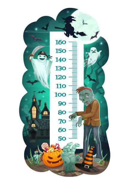 ilustrações de stock, clip art, desenhos animados e ícones de kids height chart with halloween monsters, ghosts - witchcraft heights