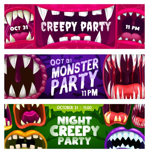 Creepy party night flyers with monster mouths Creepy party night vector flyers with monster mouths. Halloween horror night event invitation cards with open toothy jaws with sharp teeth, dripping saliva, blood and tongues, cartoon banners set scary clown mouth stock illustrations