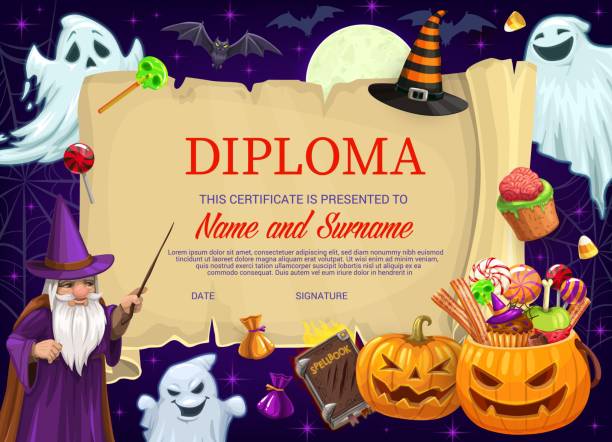 ilustraciones, imágenes clip art, dibujos animados e iconos de stock de diploma o certificado de niño con monstruos de halloween - halloween witch frame wizard