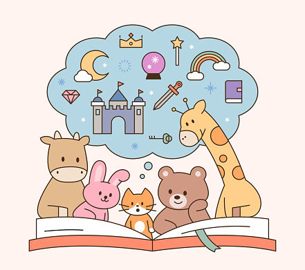 Cute animal friends are reading a big book together. outline simple vector illustration.