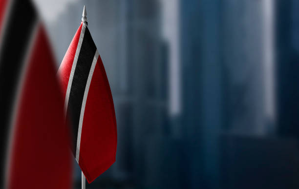 Small flags of Trinidad and Tobago on a blurry background of the city Small flags of Trinidad and Tobago on a blurry background of the city. tobago stock pictures, royalty-free photos & images