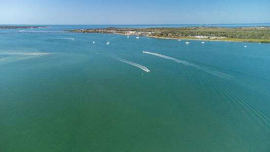 Drone Footage Of Boats Cruising Pumicetsone Passage In Moreton Bay, Queensland
