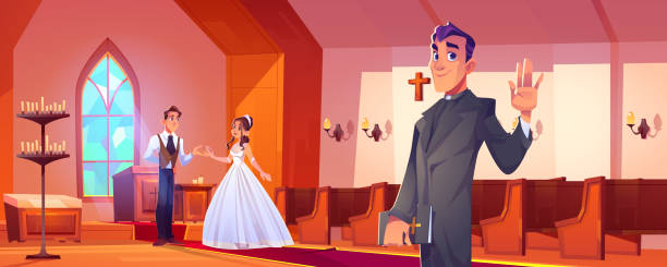 Wedding in catholic church with couple and pastor Wedding in catholic church with happy couple and pastor. Vector cartoon illustration of marriage ceremony in cathedral with bride in white dress, groom and man priest chapel illustrations stock illustrations
