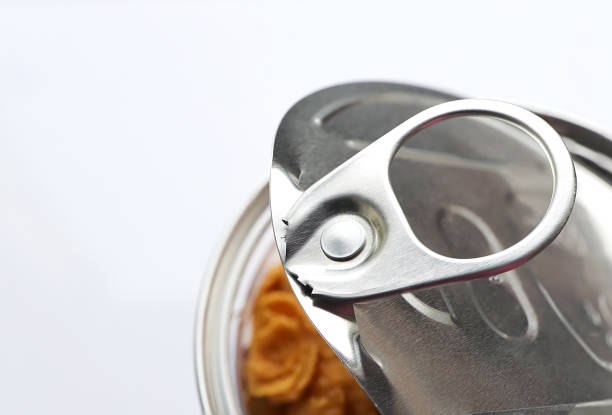 Close up of ring pull aluminum of can. Tin cans with open lid.