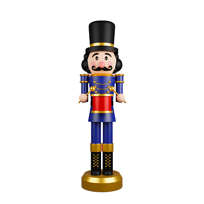 Christmas nutcracker toy soldier traditional figurine isolated on white background with clipping path included. 3d rendering