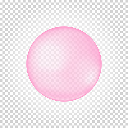 Pink collagen bubble on transparent background. Cherry or strawberry bubble gum. Element of soap foam, bath suds, cleanser liquid, sweet water. Vector realistic illustration.