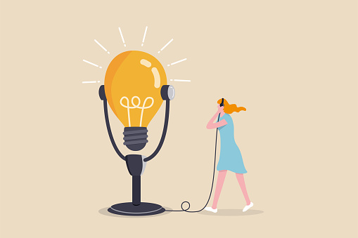 Motivation podcast, listen to inspiration idea for self improvement and career development, success story concept, inspired woman using headphone to listen to big lightbulb idea podcast microphone.