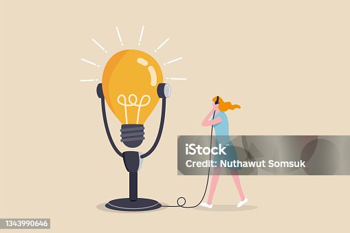 istock Motivation podcast, listen to inspiration idea for self improvement and career development, success story concept, inspired woman using headphone to listen to big lightbulb idea podcast microphone. 1343990646