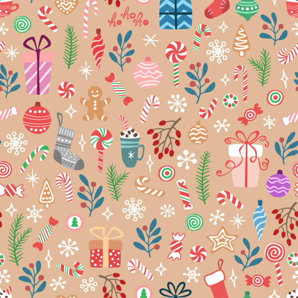 Vector seamless pattern with candies, gift boxes, branches, balls, snowflakes. Cute design for Christmas wrappings, textile, wallpaper and backgrounds. Vector seamless pattern with candies, gift boxes, branches, balls, snowflakes. Cute design for Christmas wrappings, textile, wallpaper and backgrounds. christmas cookies pattern stock illustrations