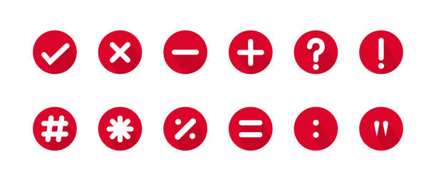 ilustraciones, imágenes clip art, dibujos animados e iconos de stock de conjunto de 12 signos matemáticos y tipotográficos en forma de círculo rojo y blanco - señal de igual