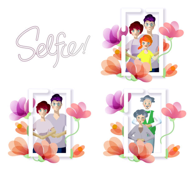 The family photo surrounded by flowers, Senior and couple. A family photo of three people projected on a white frame surrounded by flowers, a senior couple and a couple. "Selfie!" with style letters like tubes Hi, cheese!" family reunion images pictures stock illustrations