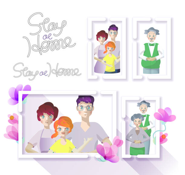 A family and a senior couple in  frames surrounded by flowers. "Stay home" with tube-like style letters. A family of three and a senior couple in a white frame surrounded by flowers. "Stay home" and "Stay home" of cursive letters like tubes family reunion images pictures stock illustrations