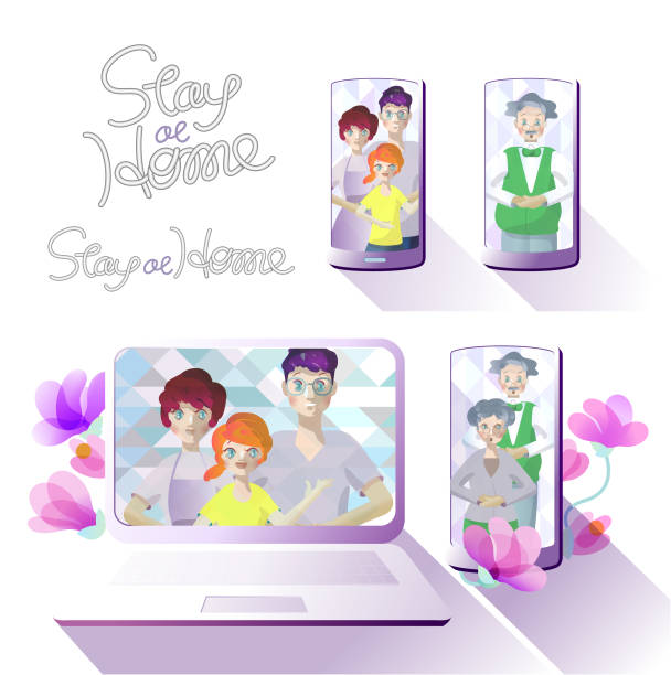 Family and seniors in mobile phones. "Stay home" in cursive letters like a tube. Family photo of three smiling people reflected on a computer and smartphone surrounded by flowers, senior couple and grandfather. "Stay home" and "Stay Home" of cursive style letters like toothpaste tubes family reunion images pictures stock illustrations