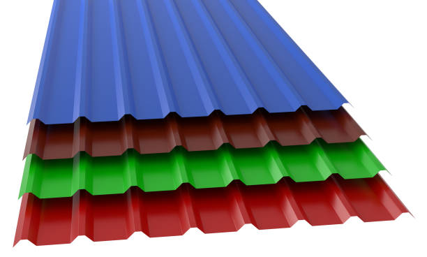 istock 3d render of four deferent colors metal corrugated roof sheets stack on a white background. 1343992447