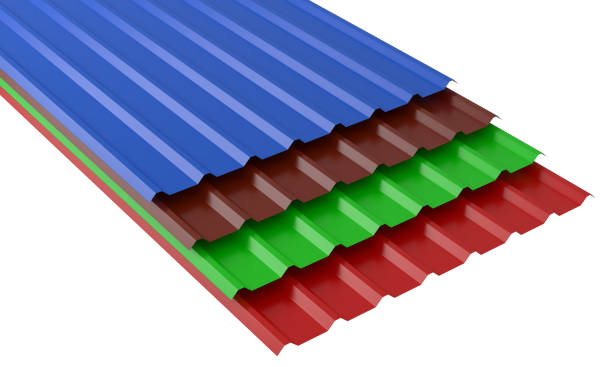 istock 3d render of four deferent colors metal corrugated roof sheets stack on a white background. 1343992452