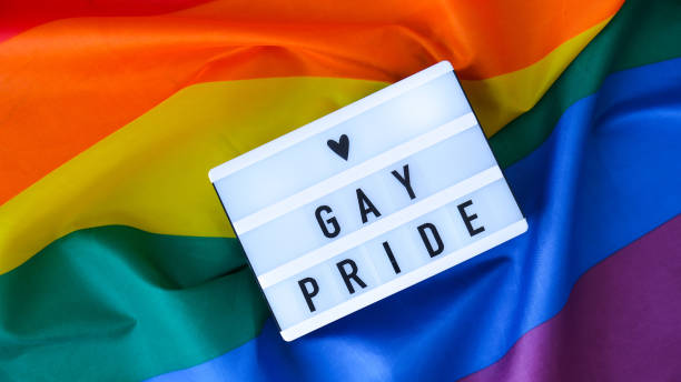 istock Rainbow flag with lightbox and text GAY PRIDE. Rainbow lgbtq flag made from silk material. Symbol of LGBTQ pride month. Equal rights. Peace and freedom 1343992465