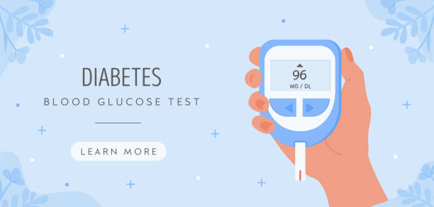 World Diabetes Day horizontal web banner. Human hand holding glucometer to measure sugar level by finger stick. Blood glucose test. Sugar test control. Vector template illustration in flat style.. World Diabetes Day horizontal web banner. Human hand holding glucometer to measure sugar level by finger stick. Blood glucose test. Sugar test control. Vector template illustration in flat style. diabetes backgrounds stock illustrations