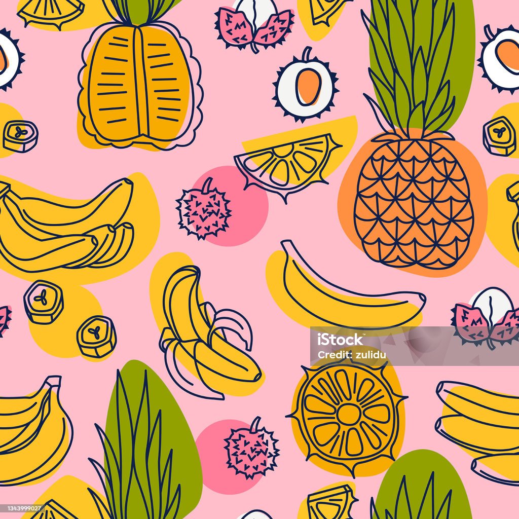 Ilustración de Dibujo Animado Patrón Sin Costuras De Frutas Exóticas Para  Fondo Tarjeta Papel Tapiz Impresión Ilustración Vectorial Con Plátanos  Lichis Piñas y más Vectores Libres de Derechos de Alimento - iStock