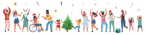 Happy people celebrating Christmas party, dancing and having fun, flat vector isolated illustration. People celebrating Christmas party, flat vector isolated illustration. Family characters adults and kids, colleagues, friends dancing and having fun. Winter holidays celebration. christmas family party stock illustrations