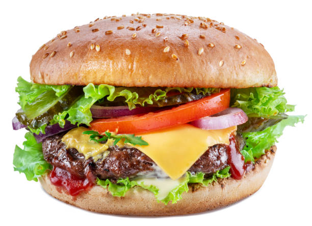 istock Delicious hamburger with beef cutlet, vegetables and onions isolated on a white background. Fast food concept. 1344001595