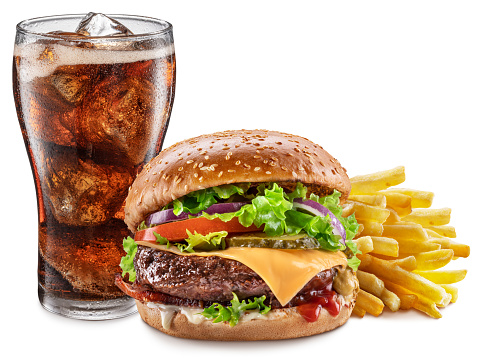 Delicious cheeseburger with cola and potato fries on the white background. Fast food concept.