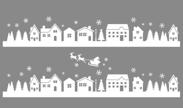 wektorowa ilustracja zimowego pejzażu miejskiego z prostą i uroczą sylwetką materiał / budynek / dom / boże narodzenie - town stock illustrations