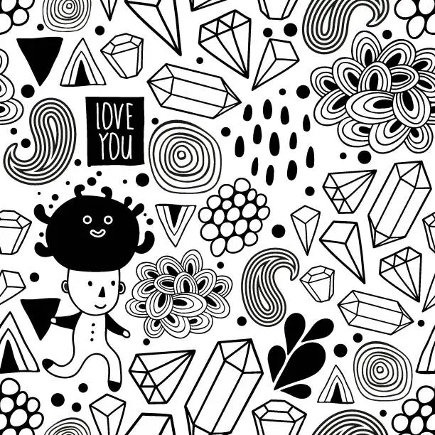Vector illustration of Seamless pattern with strange creatures in black and white colors.