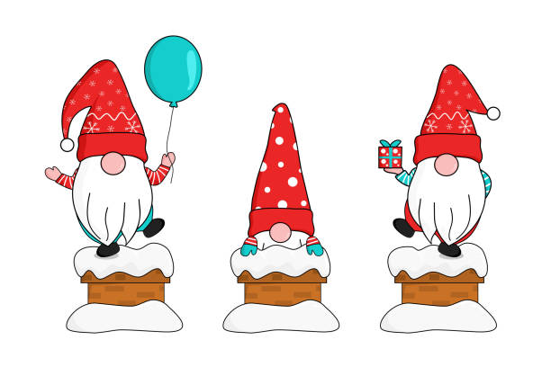 милые три гнома в красных снежинках санта клауса появляются из заснеженного дымохода с подарочной коробкой и плавающим воздушным шаром. по - balloon child winter snow stock illustrations