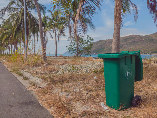 istock Opened big empty green plastic trash garbage bin in modern comfortable village near sea and palms. Public trash on the side of the road. Infectious control, garbage disposal, disposal of waste concept 1344007266