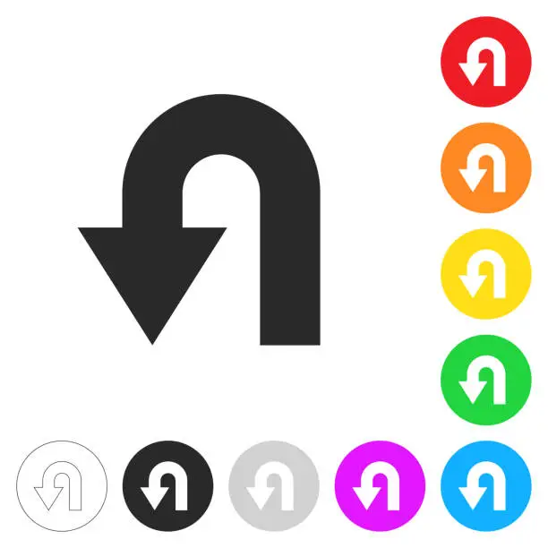 Vector illustration of U-turn direction arrow. Flat icons on buttons in different colors