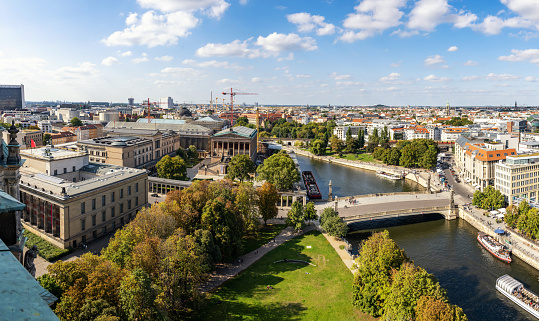 panoramic view from cathedral on historic berlin cityscape with museum island and spree river on late summer day