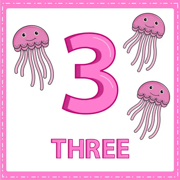 Vector illustration of Illustrations for numerical education for young children. So that children can learn to count the numbers 3 and 3 jellyfish as shown in the picture in the animal category.