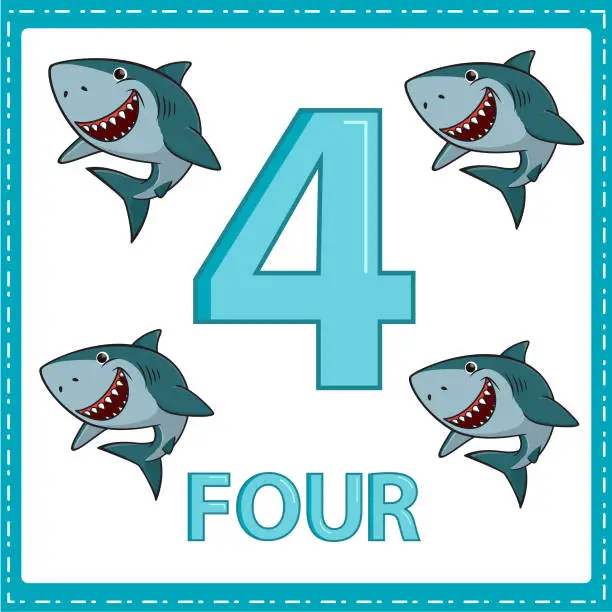 Vector illustration of Illustrations for numerical education for young children. So that children can learn to count the numbers 4 and 4 shark as shown in the picture in the animal category.