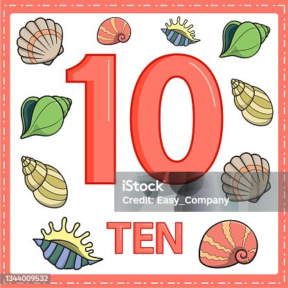 istock Illustrations for numerical education for young children. So that children can learn to count the numbers 10 and 10 shell as shown in the picture in the animal category. 1344009532